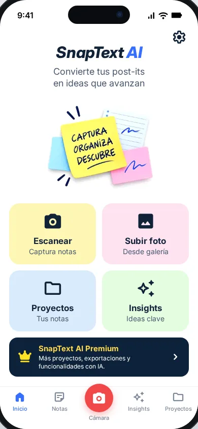 Pantalla de inicio de SnapText AI con los accesos a escanear, subir foto, proyectos e insights