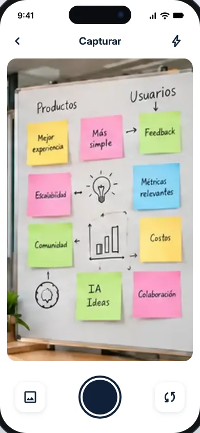 Pantalla de captura con el visor de cámara para fotografiar la pizarra de post-its