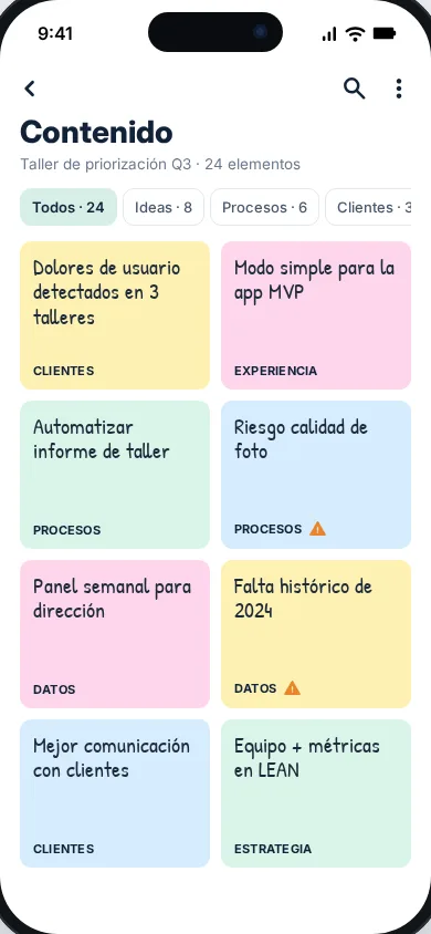 Pantalla de contenido con las notas extraídas organizadas por categoría
