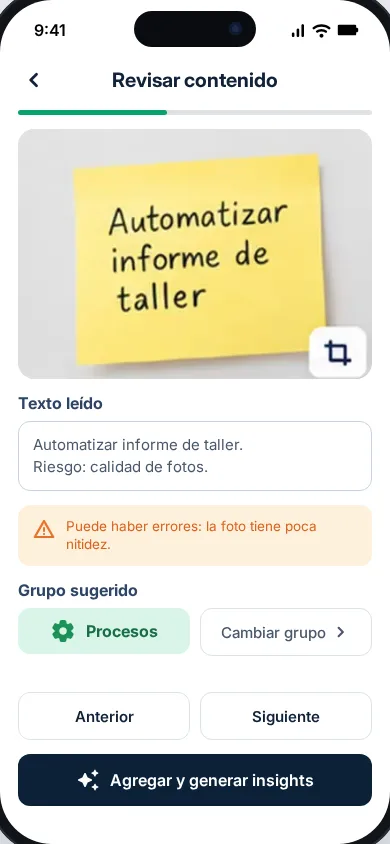 Pantalla de revisión de una nota, con el texto leído por la IA listo para editar y aprobar