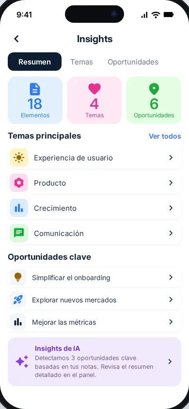 Pantalla de insights con estadísticas, temas principales y oportunidades clave