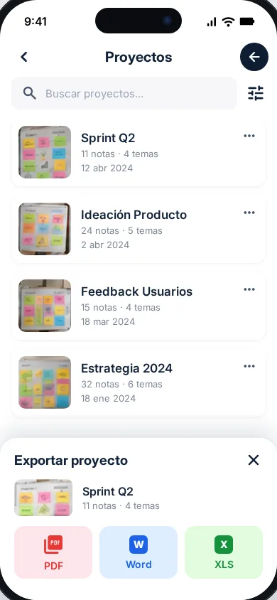 Pantalla de proyectos guardados con buscador y opción de exportar a PDF, Word o XLS